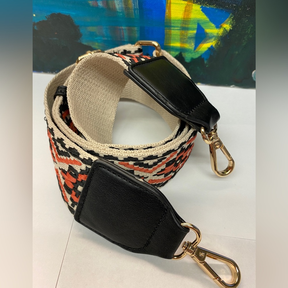 Black Muli-Colored Adjustable Crossbody Strap, Leather/Blended Cotton, GoldSnap